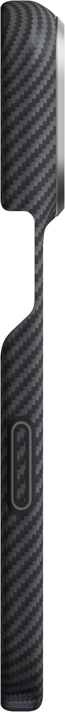 A sleek, black accessory with a curved silhouette and distinctive carbonfaserartige Textur, adorned with a small rechteckiges PITAKA-Logo an der Seite—perfekt abgestimmt auf das edle Design der ultradünnen PITAKA Aramid Edge Case für iPhone 17 Pro/18 Pro, Schwarz.