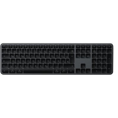 Eine Satechi Slim EX3 Wireless Keyboard Space Black DE von Satechi mit vollwertigem deutschen QWERTZ-Tastaturlayout, Ziffernblock und Pfeiltasten, präsentiert auf weißem Hintergrund.