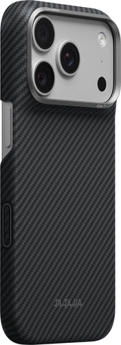 A close-up of a smartphone with the PITAKA Aramid Edge Case für iPhone 17 Pro/18 Pro in Schwarz, highlighting the camera module with three lenses and a flash. This ultradünne Schutzhülle features a distinctive textured pattern and the PITAKA branding at the bottom, making it an ideal iPhone 17 Pro Hülle for those who value both protection and style.