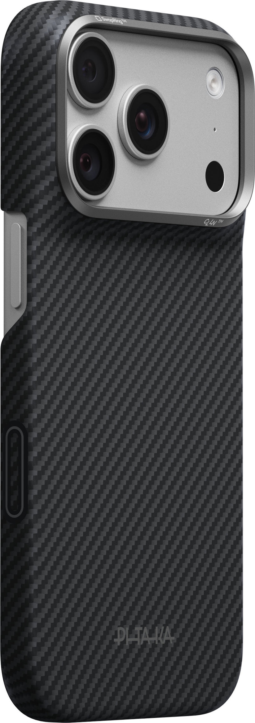 A close-up of a smartphone with the PITAKA Aramid Edge Case für iPhone 17 Pro/18 Pro in Schwarz, highlighting the camera module with three lenses and a flash. This ultradünne Schutzhülle features a distinctive textured pattern and the PITAKA branding at the bottom, making it an ideal iPhone 17 Pro Hülle for those who value both protection and style.