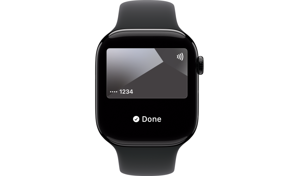 Eine schwarze Smartwatch, die einen digitalen Zahlungsbildschirm mit einer teilweise verdeckten Kartennummer mit der Endung 1234, einem Symbol für kontaktlose Zahlung und einer Bestätigungsmeldung "Fertig" anzeigt.