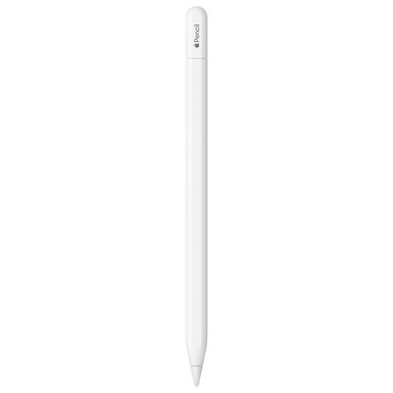 An Apple Pencil (USB-C) by Apple, white in color, stands vertically against a light gray background. The stylus has a sleek, minimalist design with an “Apple Pencil” label near the top.