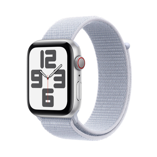 Apple Watch SE GPS + Cellular, Aluminium silber, 44mm mit Sport-Loop, wolkenblau