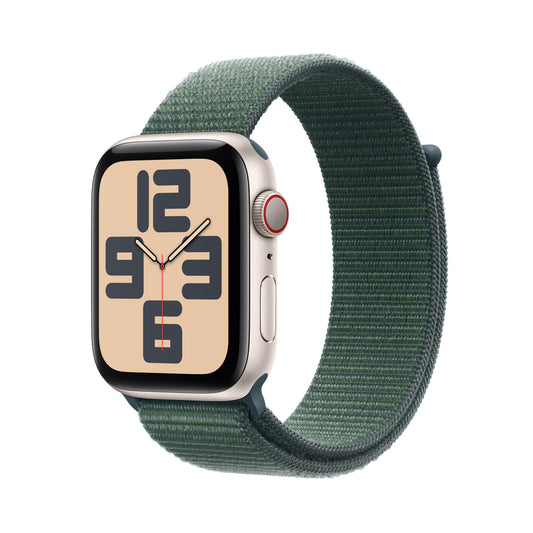 Apple Watch SE GPS + Cellular, Aluminium polarstern, 44mm mit Sport-Loop, seegrün