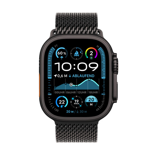 Apple Watch Ultra 2 GPS + Cellular, Titan schwarz, 49mm mit Milanaise-Armband, Titan schwarz - L