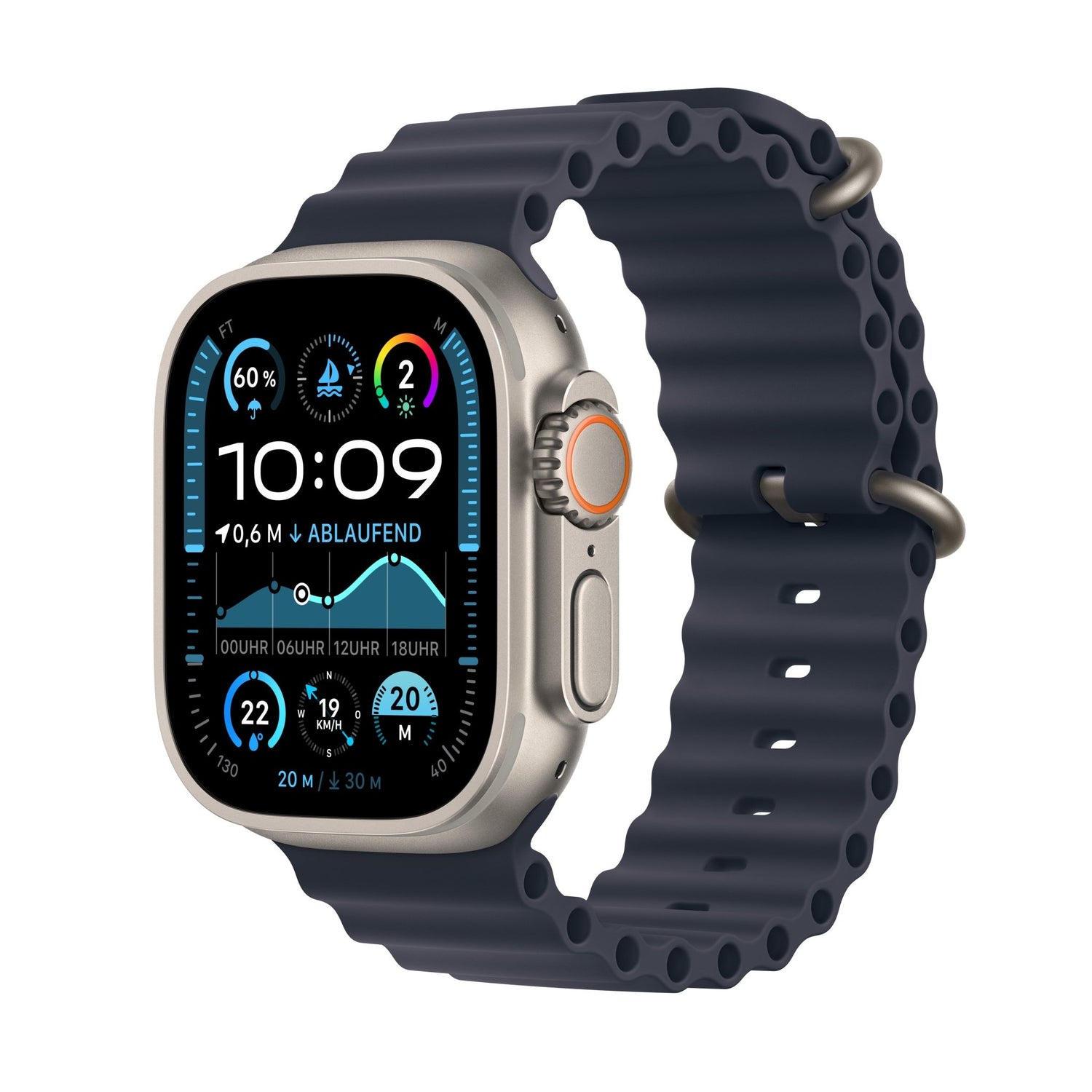 Die Apple Watch Ultra 2 GPS + Cellular in Titan natur, 49 mm, mit marineblauem Armband zeigt die Zeit (10:09) sowie Gesundheits-, Wetter- und Aktivitätsdaten auf ihrem bunten, rechteckigen Bildschirm mit abgerundeten Kanten und einer digitalen Krone an.