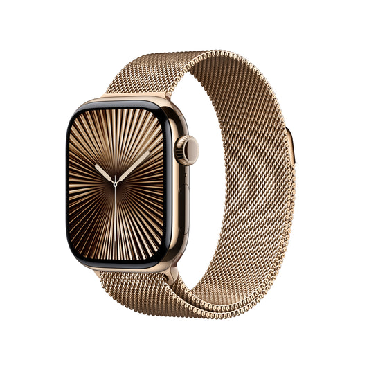 Apple Watch Series 10 GPS + Cellular, Titan gold, 42mm mit Milanaise-Armband, gold