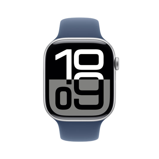 Apple Watch Series 10 GPS, Aluminium silber, 46mm mit Sportarmband, denim - S/M