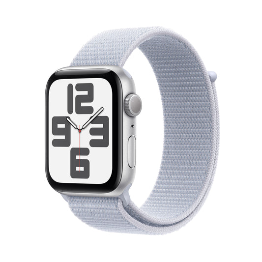 Apple Watch SE GPS, Aluminium silber, 44mm mit Sport-Loop, wolkenblau