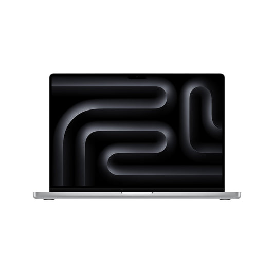 A silver Apple MacBook Pro 16" with M4 Pro chip, 14-core CPU, and 20-core GPU displays an abstract pattern of curved, raised lines on its screen against a white background.