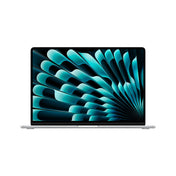 Gümüş renkli bir Apple MacBook Air 15,3 RET açık ve öne bakar vaziyette, ekranında mavi ve siyah soyut geometrik bir tasarım sergiliyor. Dizüstü bilgisayarın ince bir çerçevesi var ve düz beyaz bir arka plana yerleştirilmiş.