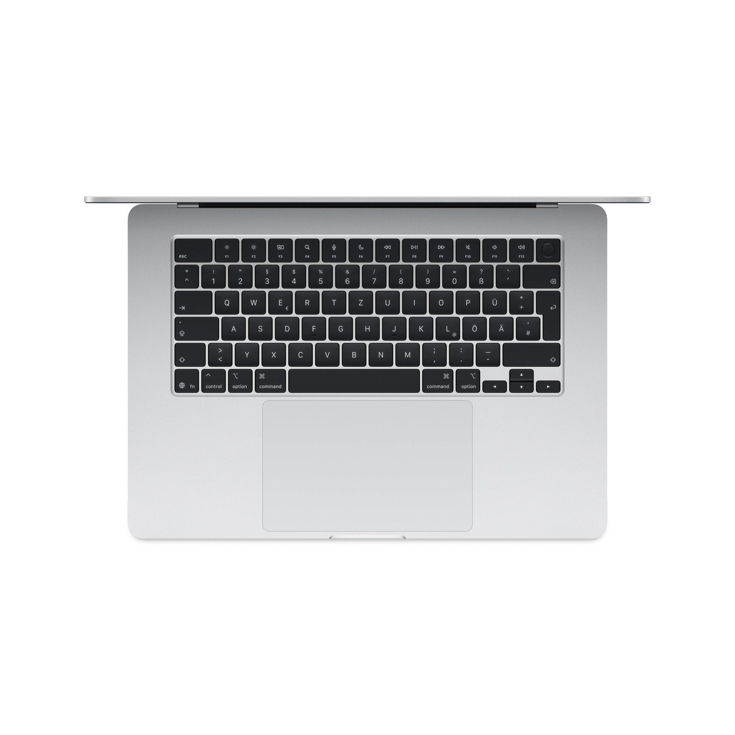Bir Apple MacBook Air 15,3 RET, beyaz bir arka plan üzerinde yukarıdan görüntülenir, gümüş kapağı kısmen açılarak siyah bir klavye ve büyük ortalanmış izleme dörtgeni ortaya çıkar. Özellikler: M4 10C CPU & GPU, 24GB RAM, 256GB SSD, 70W.