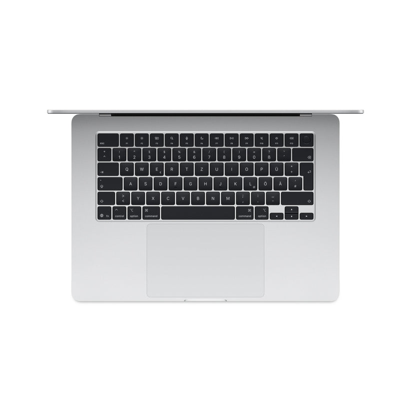 Bir Apple MacBook Air 15,3 RET, beyaz bir arka plan üzerinde yukarıdan görüntülenir, gümüş kapağı kısmen açılarak siyah bir klavye ve büyük ortalanmış izleme dörtgeni ortaya çıkar. Özellikler: M4 10C CPU & GPU, 24GB RAM, 256GB SSD, 70W.