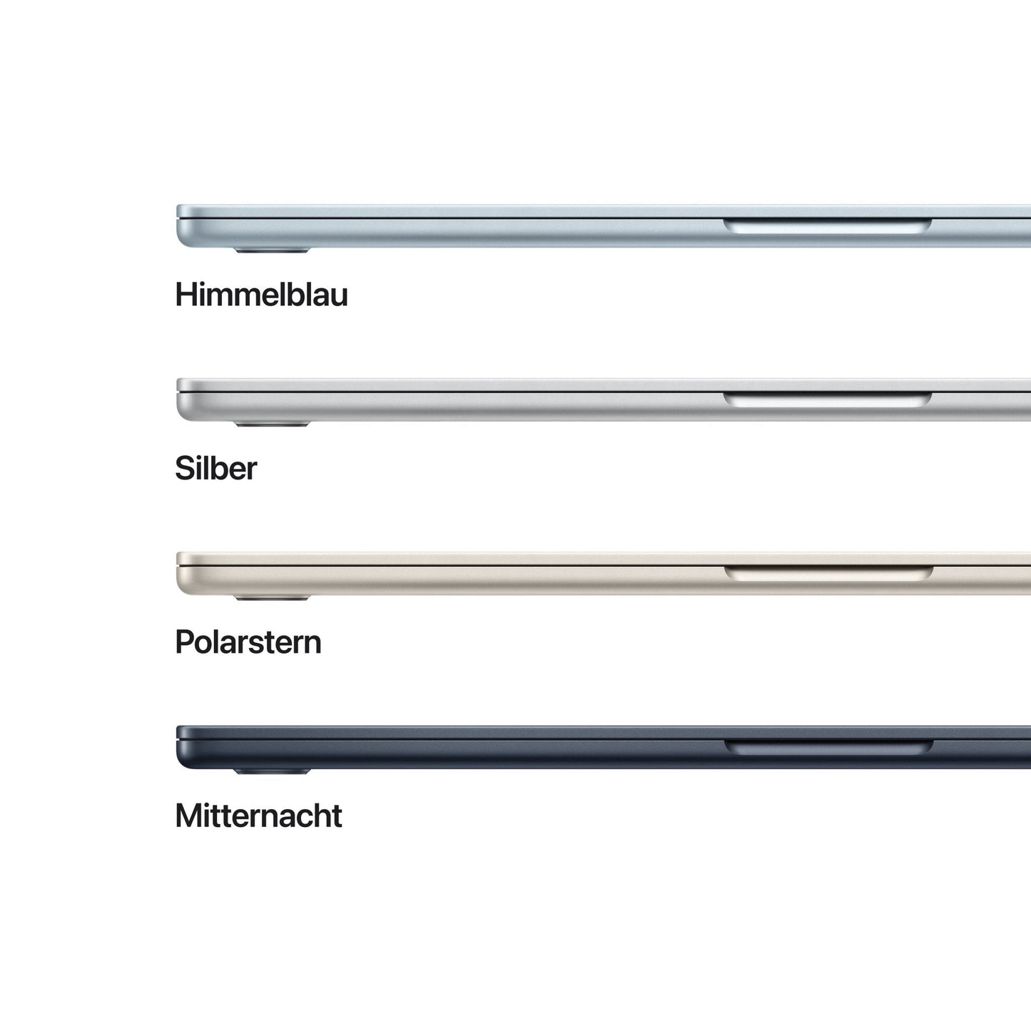 Apple'ın dört MacBook Air dizüstü bilgisayarı, her biri Almanca renk adıyla etiketlenmiş Himmelblau (açık mavi), Silber (gümüş), Polarstern (altın) ve Mitternacht (koyu mavi) renklerinde yan yana kapalı olarak gösterilmiştir.