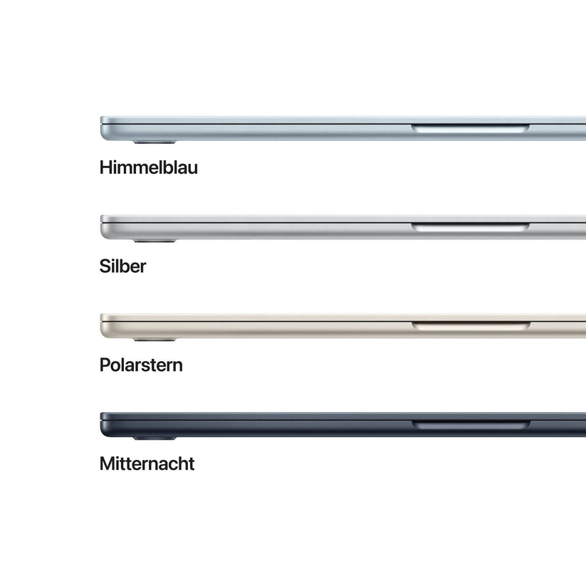 Apple'ın dört MacBook Air dizüstü bilgisayarı, her biri Almanca renk adıyla etiketlenmiş Himmelblau (açık mavi), Silber (gümüş), Polarstern (altın) ve Mitternacht (koyu mavi) renklerinde yan yana kapalı olarak gösterilmiştir.