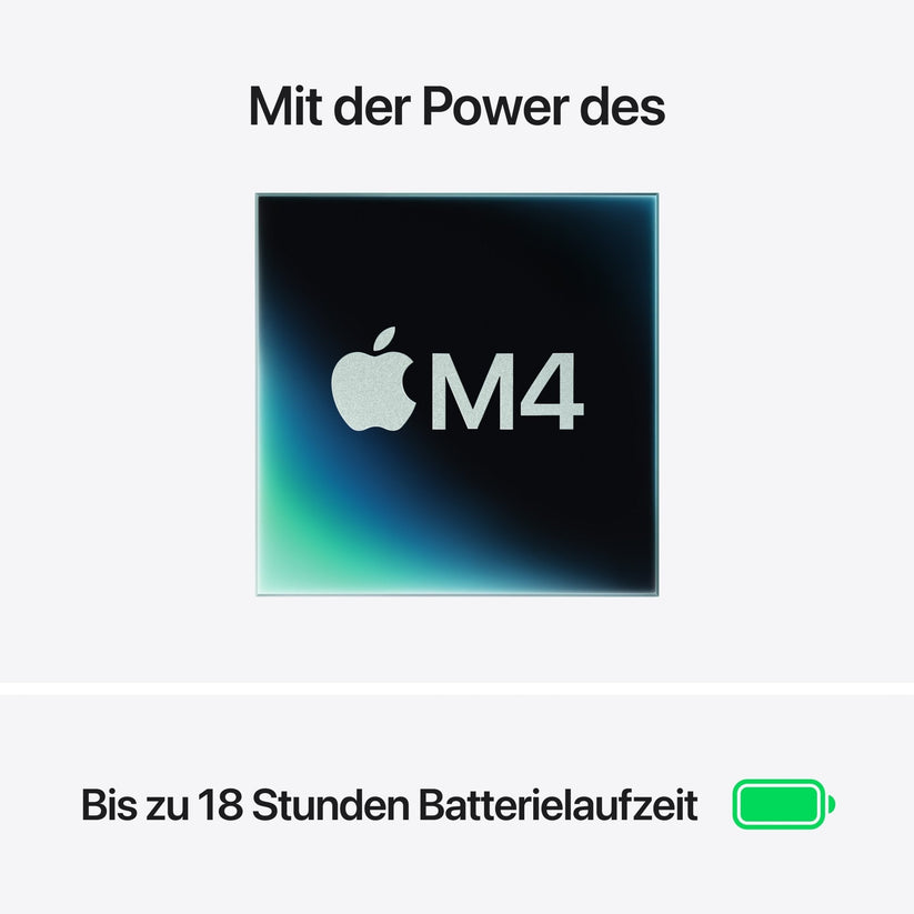 Apple MacBook Air 15,3 RET (M4, 10-Core CPU & GPU, 24GB RAM, 256GB SSD) mit "Mit der Power des Apple M4" oben und "Bis zu 18 Stunden Batterielaufzeit" samt Batterie-Icon unten hervorgehoben.