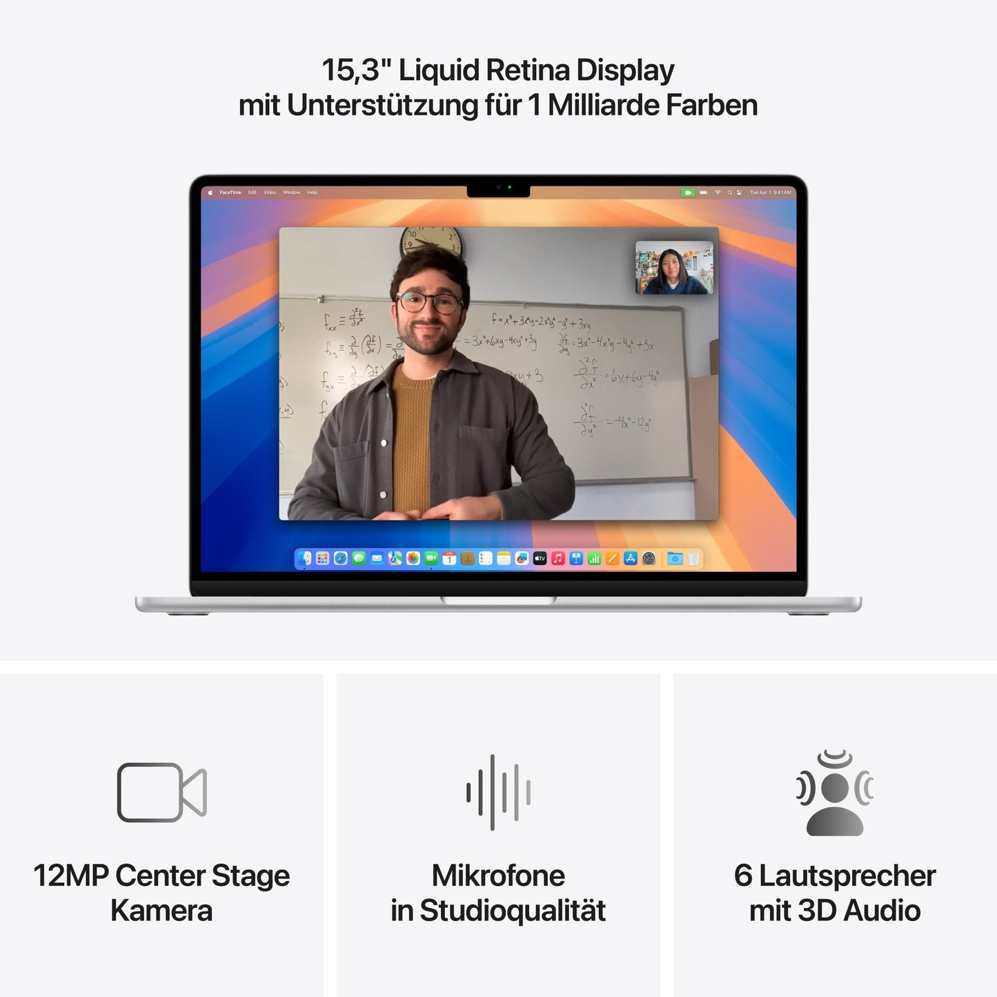 Bir Apple MacBook Air ve 15,3 inç Liquid Retina ekranında görüntülü arama öğretim sahnesi. Metin temel özellikleri vurgular: 12MP Center Stage kamera, stüdyo kalitesinde mikrofon ve 6 hoparlörlü 3D ses sistemi.