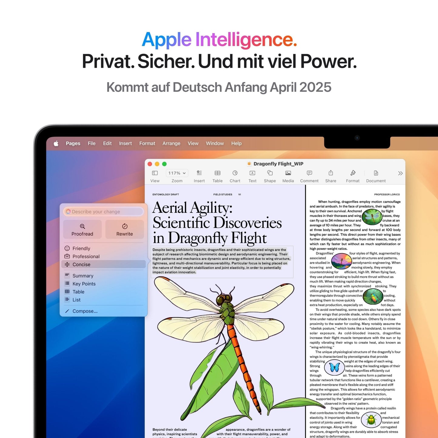 Bir MacBook Air 15,3 RET üzerinde, yusufçuk uçuşu ile ilgili bir belge açık ve Apple Intelligence özellikleri (Proofread ve Rewrite) yan tarafta. Yukarıda, Almanca metin Apple Intelligence'ın Nisan 2025'te piyasaya sürüleceğini duyuruyor. Marka: Apple.