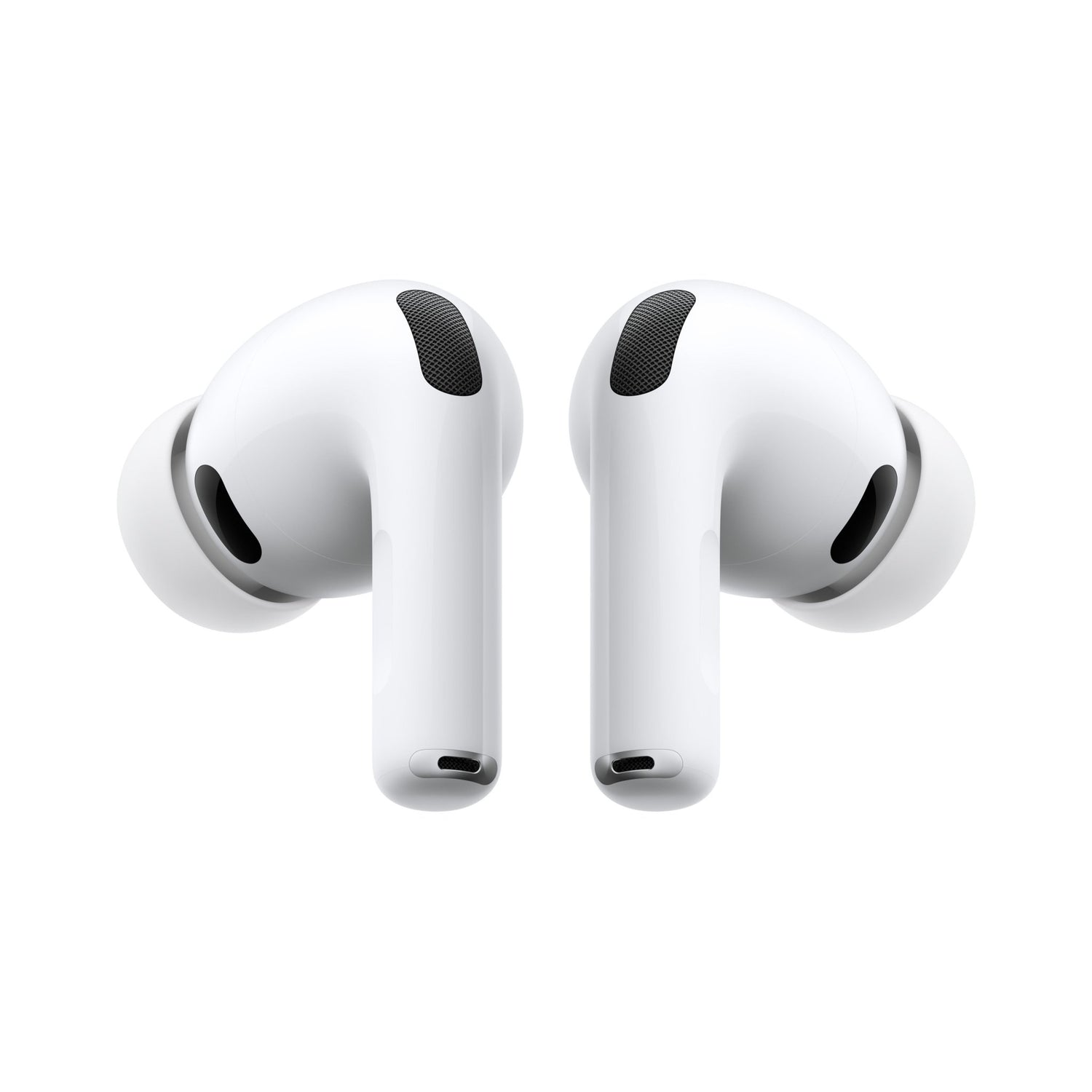 Silikon kulaklık uçlarına, kısa saplara ve aktive Geräuschunterdrückung'a sahip Apple AirPods Pro 3 kablosuz kulaklıklar, düz beyaz bir arka plan üzerinde öne bakacak şekilde gösterilmiştir.