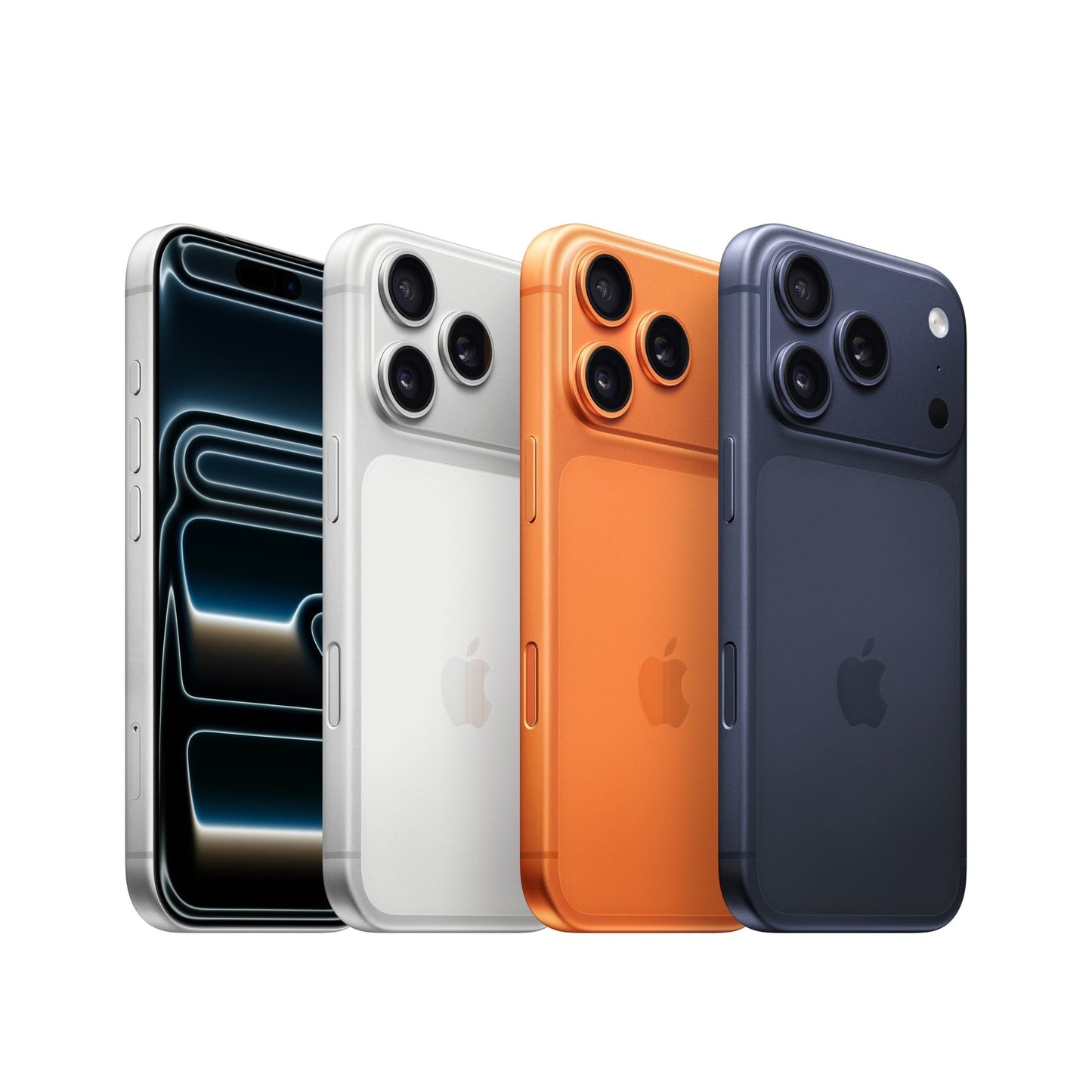 The Apple iPhone 17 Pro 512GB in Cosmic Orange is shown upright, displaying front and back views with a triple 48 MP camera setup, the Apple logo, and powered by the advanced A19 Pro Chip.