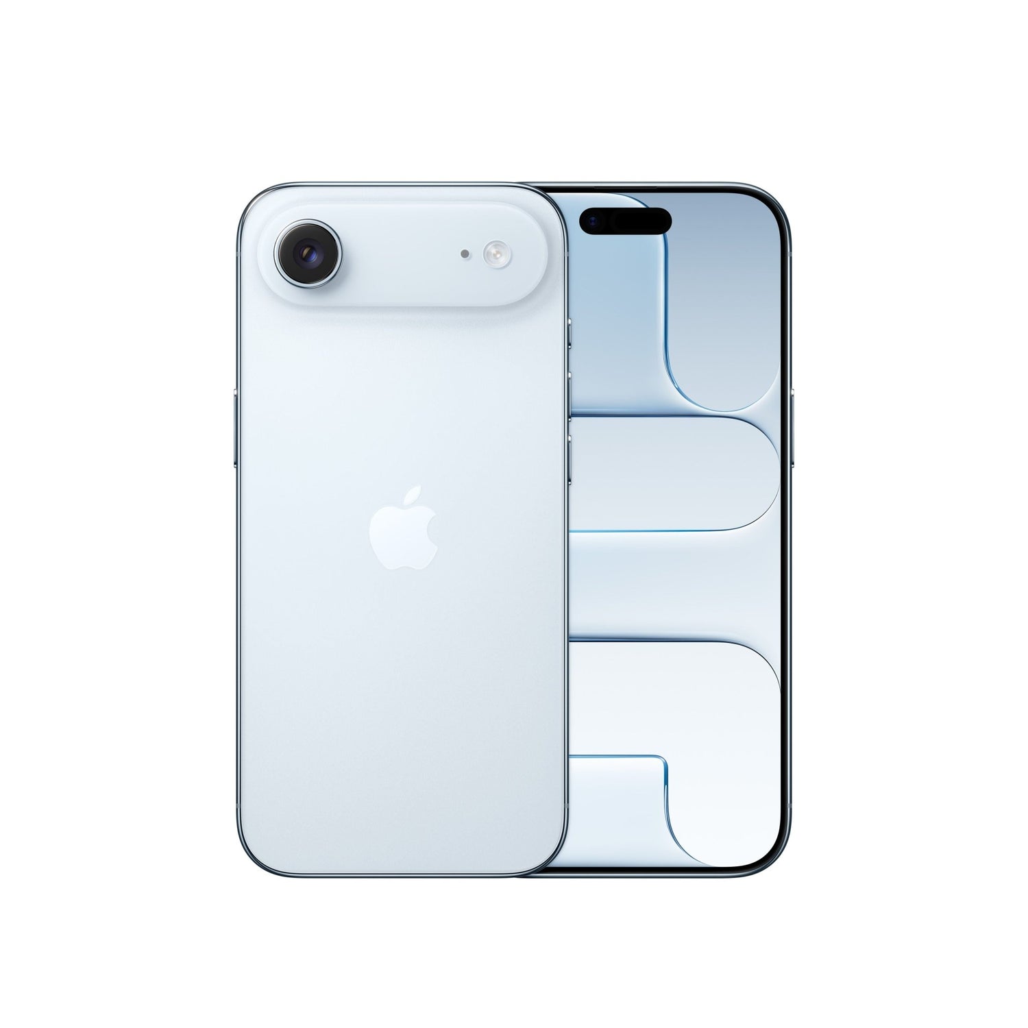 An Apple iPhone Air 256GB in Himmelblau is shown with its back and Apple logo visible, next to a larger silver iPhone displaying its front screen with a geometric wallpaper.