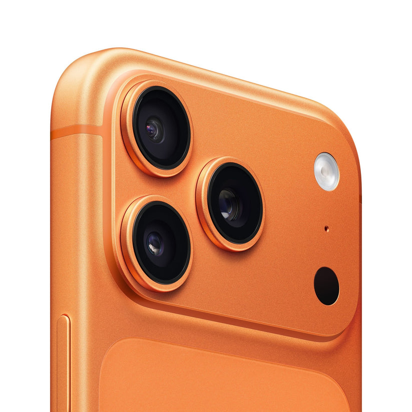 Close-up of the back of the Apple iPhone 17 Pro 512GB Cosmic Orange, showing three cameras, a flash, and a sensor. Features a 48 MP main camera and advanced A19 Pro Chip against a white background.