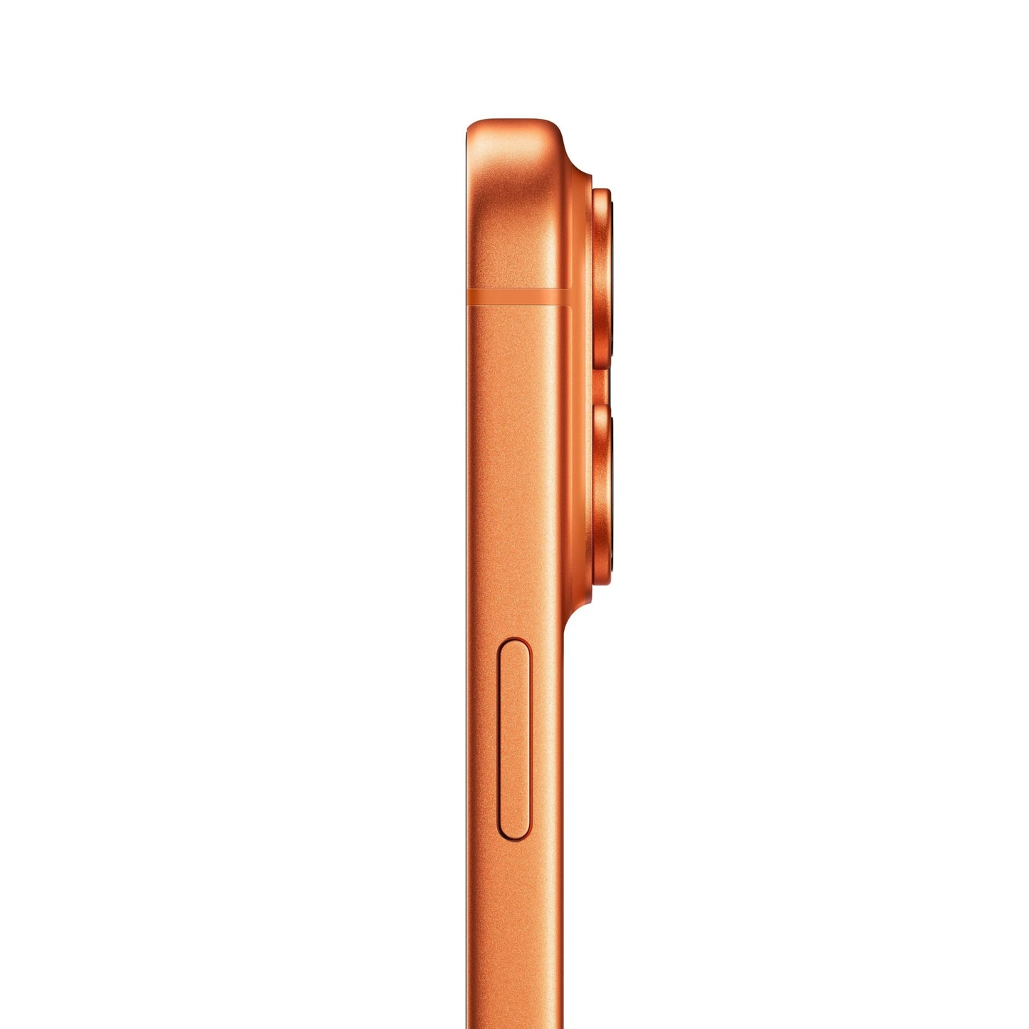 Side view of the Apple iPhone 17 Pro 512GB in Cosmic Orange, featuring a slim design, dual rear camera bumps with a 48MP camera, and side button against a white background.