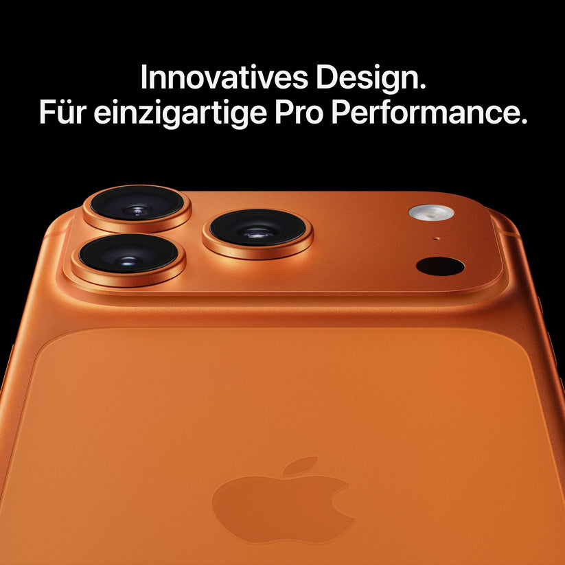 Close-up of the Apple iPhone 17 Pro 512GB in Cosmic Orange with triple cameras, 48MP rear camera, and flash against a black background. German text above: Innovatives Design. Für einzigartige Pro Performance.