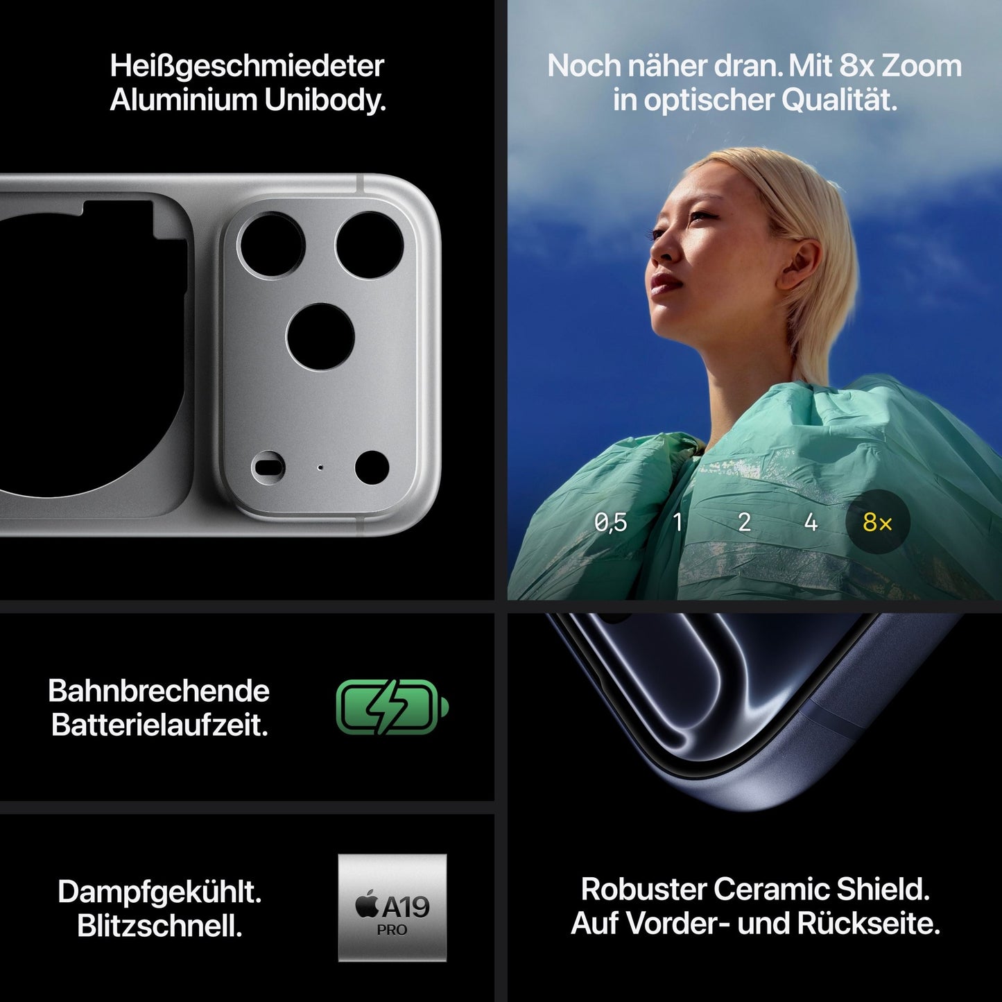 A collage features the Apple iPhone 17 Pro 512GB Cosmic Orange's aluminum unibody, a woman in green with “8x Zoom”, a battery icon, A19 Pro Chip, 48 MP Rückkamera, and Ceramic Shield—each labeled in German.