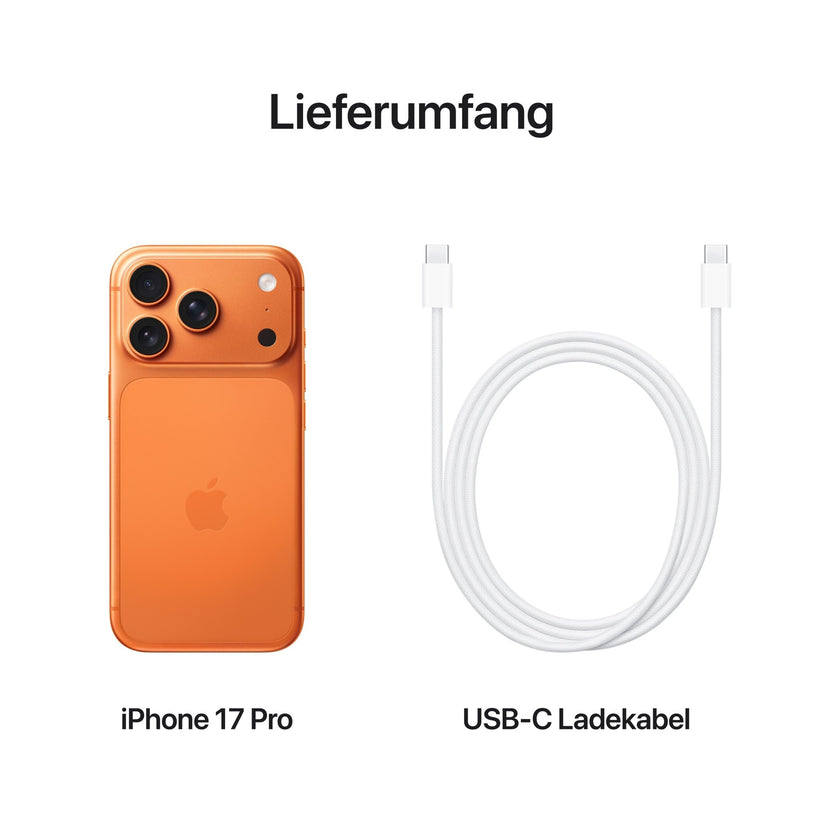 Apple iPhone 17 Pro 512GB Cosmic Orange mit 48 MP Rückkamera und weißem USB-C-Ladekabel nebeneinander auf weißem Hintergrund, darüber der deutsche Text "Lieferumfang".