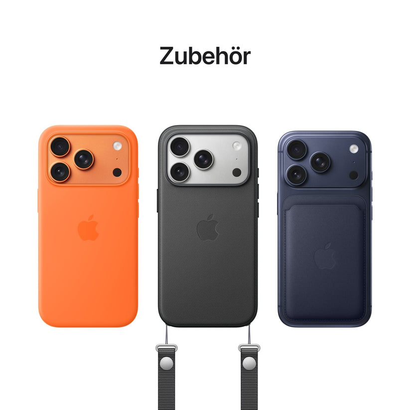 An Apple iPhone 17 Pro 512GB Cosmic Orange, a black model with a strap, and a navy blue version with a wallet are shown under "Zubehör," each highlighting the new 48 MP Rückkamera.