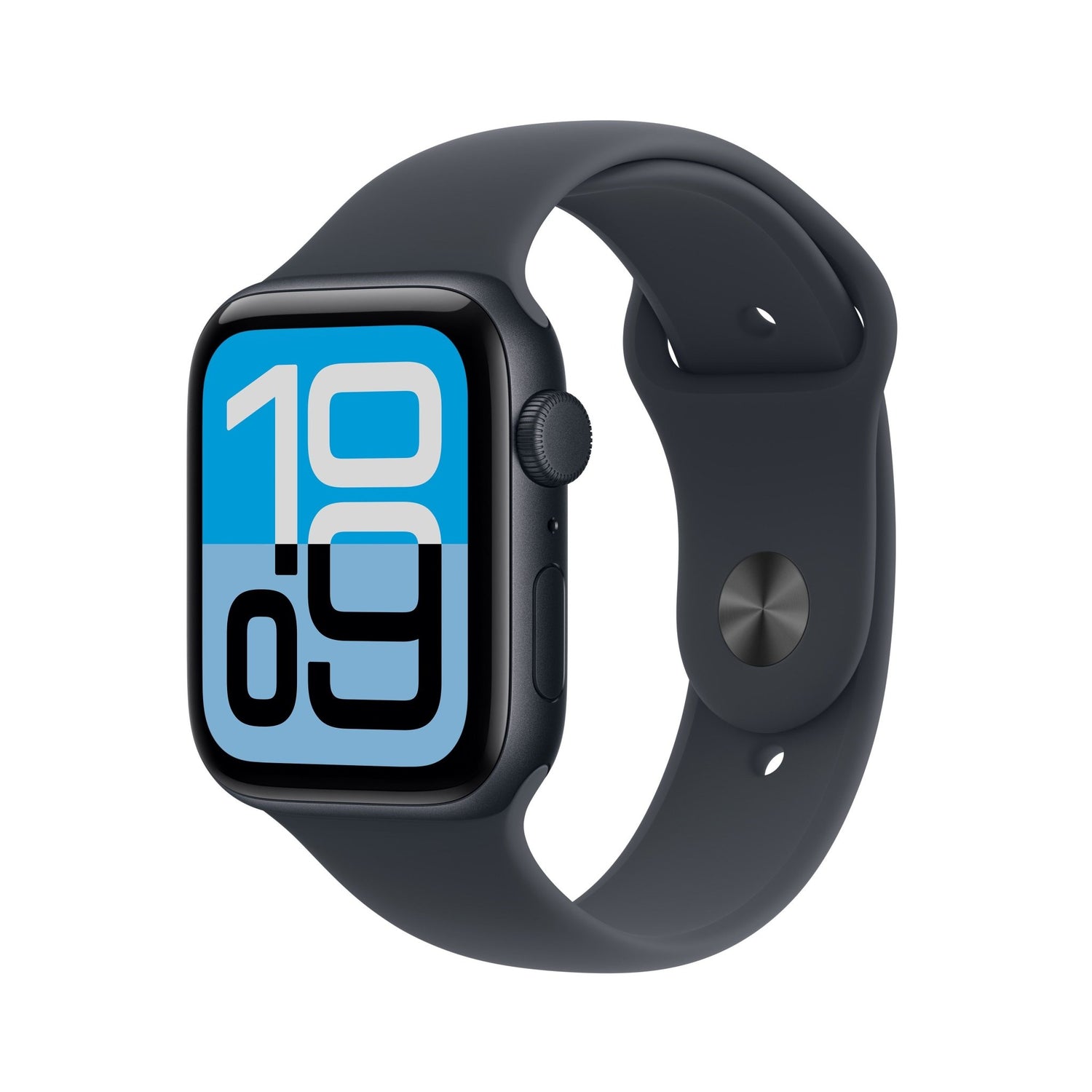 Apple'ın Mitternacht Sportarmband (M/L) özellikli Mitternacht Alüminyum Apple Watch SE 3 GPS 44mm modeli, 10:09'a ayarlanmış mavi ve beyaz dijital ekranıyla günlük sağlığa yönelik fitness ve sağlık araçları içeren beyaz bir arka plan üzerinde gösteriliyor.