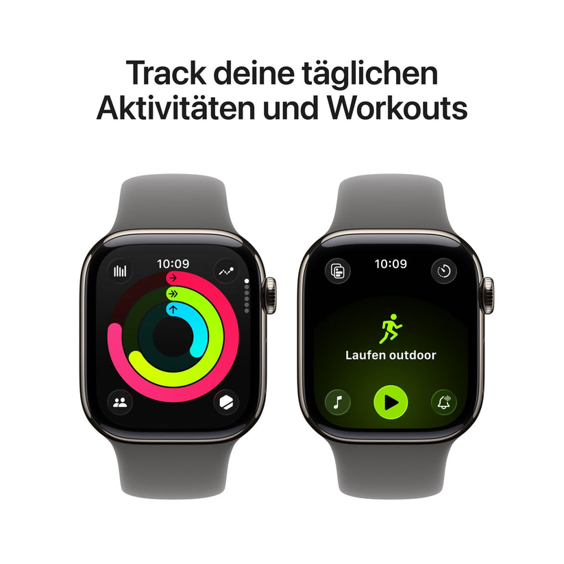 İki Apple Watch Series 11 GPS + Cellular (42 mm, Natürliches Titan Kasa, Steingrau Sportarmband S/M) aktivite takibi ve egzersiz ekranlarını gösteriyor. Yukarıdaki Almanca metinde şunlar yazıyor: Genel Aktivitelerinizi ve Egzersizlerinizi takip edin.