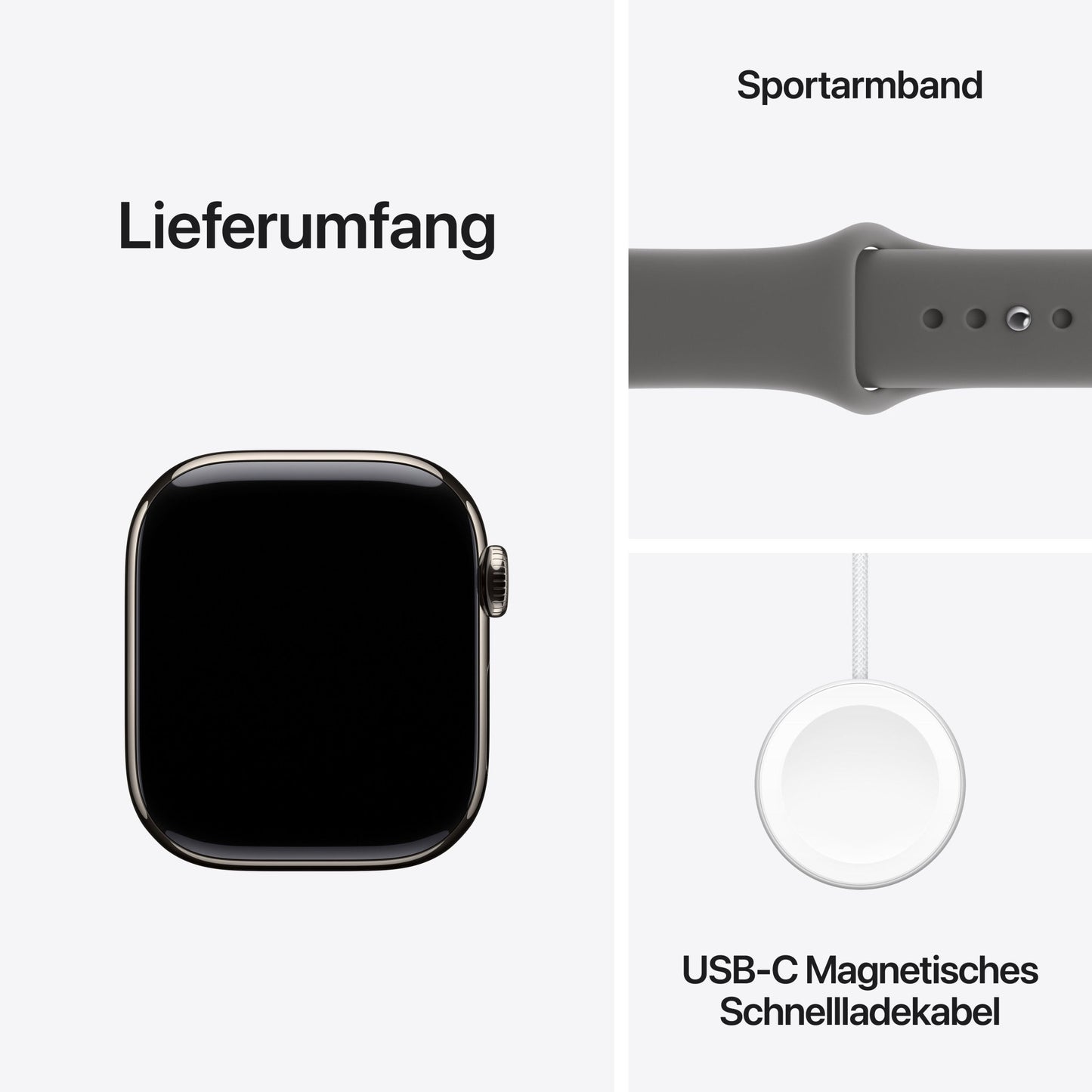 Apple Watch Series 11 GPS + Cellular, 42 mm doğal Titan Kasa, steingraues Sportarmband (S/M), USB-C Magnet-Ladekabel ve deutschsprachigem Text zu Gesundheits- und Fitness-Features.