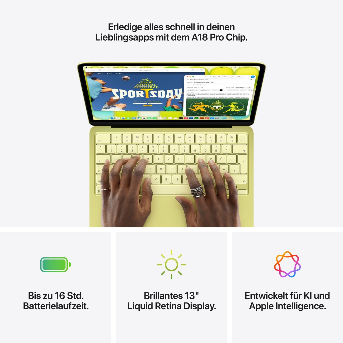 MacBook Neo 13 Zoll mit A18 Pro chip, 6-core CPU und 5-core GPU, 8GB, 512GB SSD, Touch ID, Citrus