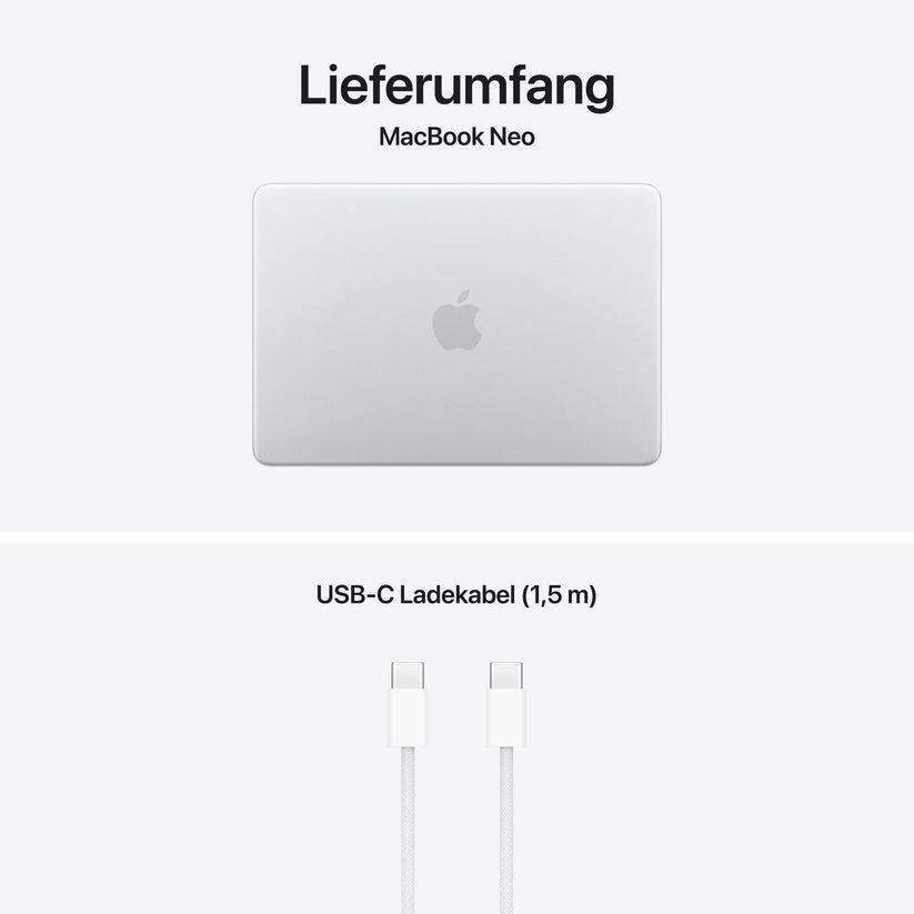 MacBook Neo 13 Zoll mit A18 Pro chip, 6-core CPU und 5-core GPU, 8GB, 512GB SSD, Touch ID, Silber