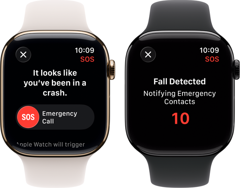 Zwei Apple Watches zeigen Notfallwarnungen an: Auf dem linken Bildschirm steht "It looks like youve been in a crash" mit der Option, einen Notruf abzusetzen, und auf dem rechten Bildschirm "Fall Detected" mit einem Countdown von 10 Sekunden.