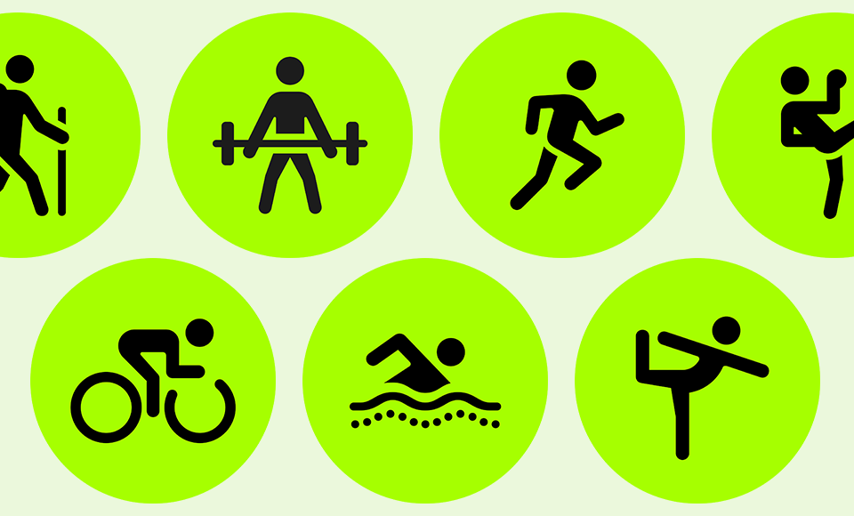 Sieben grüne Kreise mit jeweils einem schwarzen Symbol für verschiedene körperliche Aktivitäten: Wandern, Gewichtheben, Laufen, Klettern, Radfahren, Schwimmen und Yoga oder Balanceübungen.