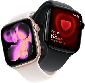 Apple Watch Series 11, Aluminium Roségold, Flow Zifferblatt, rechte Seitenansicht: Digital Crown, Mikrofon, Seitentaste, Sportarmband Blassrosa, Apple Watch Series 11, Aluminium Diamantschwarz, Herzfrequenz App, aktuelle Herzfrequenz, rechte Seitenansicht: Digital Crown, Sportarmband Schwarz