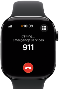 Apple Watch Series 11, Aluminiumgehäuse Diamantschwarz, ein Notruf auf dem Display, rechte Seitenansicht: Digital Crown, Sportarmband Schwarz