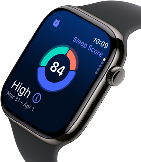 Nahaufnahme der Apple Watch Series 11 mit einem Titangehäuse Schiefer, auf dem Display wird der Schlafindex angezeigt