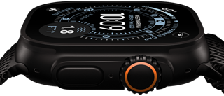 Apple Watch Ultra 3, Seitenansicht, Titangehäuse Schwarz, Kompass auf dem Orientierung Zifferblatt, Seitentaste und Digital Crown