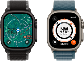 Zwei Apple Watch Ultra 3 Geräte, eines zeigt Karten und das andere Backtrack Funktionen, darunter Kompass, Höhenmeter und markierte Wegpunkte