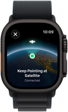 Apple Watch Ultra 3, Farbe Schwarz, Titangehäuse, „Weiterhin auf Satelliten richten“ über Erdkugel mit einem Standort auf dem Display, Armband, Alpine Loop