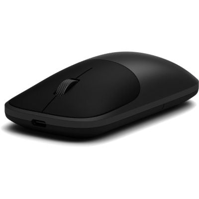 Die Satechi Slim EX Wireless Mouse in Space Black mit Scrollrad und USB-C-Ladeanschluss wird aus einem Rückansichtswinkel vor einem weißen Hintergrund gezeigt; diese kabellose Maus von Satechi vereint modernes Design mit alltäglicher Funktionalität.