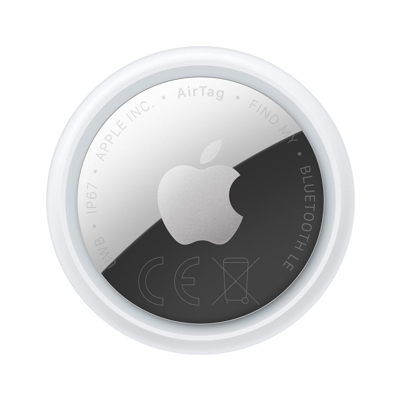 Circular white and silver Apple AirTag, 1er-Pack (2026) tracking device with a metallic finish and engraved text.