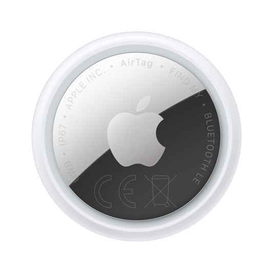 Circular white and silver Apple AirTag, 1er-Pack (2026) tracking device with a metallic finish and engraved text.