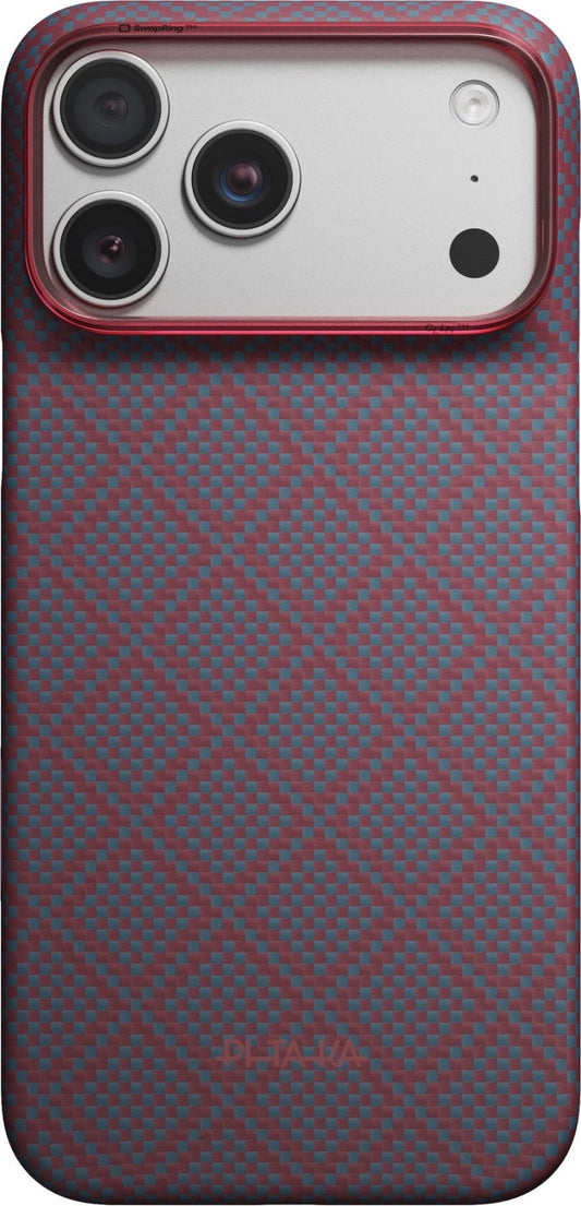 Pitaka Edge Case iPhone 17 Pro Max/18 Pro Max Blue’s Red with a red and blue pixelated grid pattern and a red metallic camera bezel.