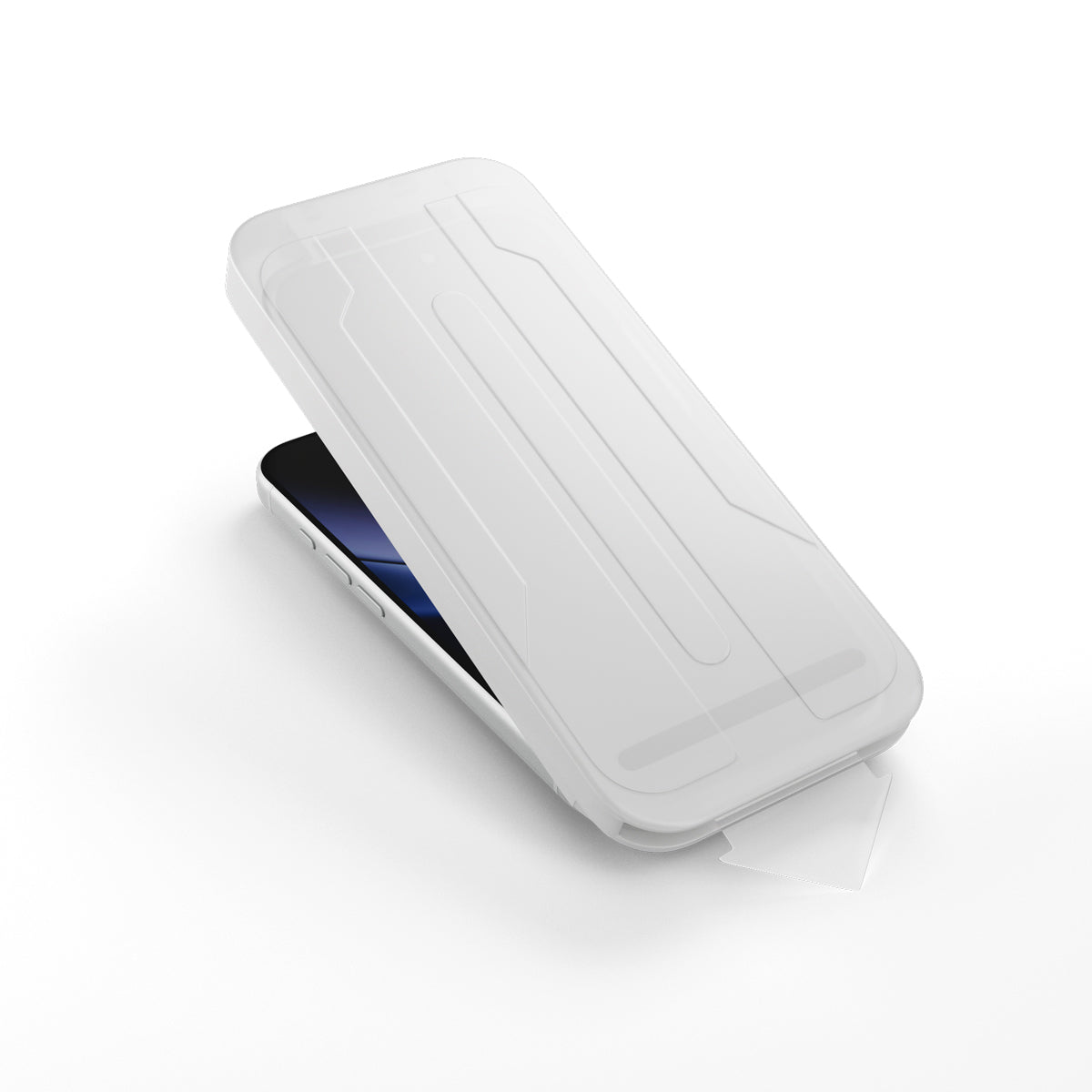 An iPhone 18 Pro is partially covered by a translucent, white rectangular case or applicator with a pull tab protruding from one end, set against a plain white background. This arrangement indicates preparation for applying the Epico Anti Reflective Privacy-Panzerglas für 18 Pro – mit Installationskit, offering advanced screen protection and enhanced privacy from Epico.