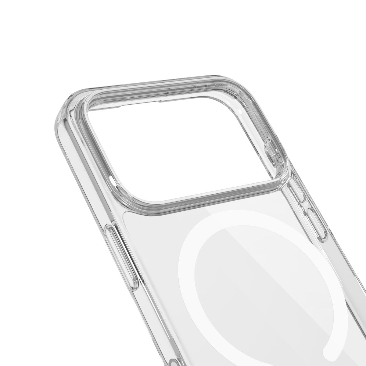 Die „Epico Clear Case mit MagSafe für iPhone 17 Pro Max/18 Pro Max“ von Epico verfügt über eine große, rechteckige Kameraaussparung und ein deutlich sichtbares, kreisförmiges MagSafe-Ringdesign auf der Rückseite, das vor einem weißen Hintergrund abgebildet ist.